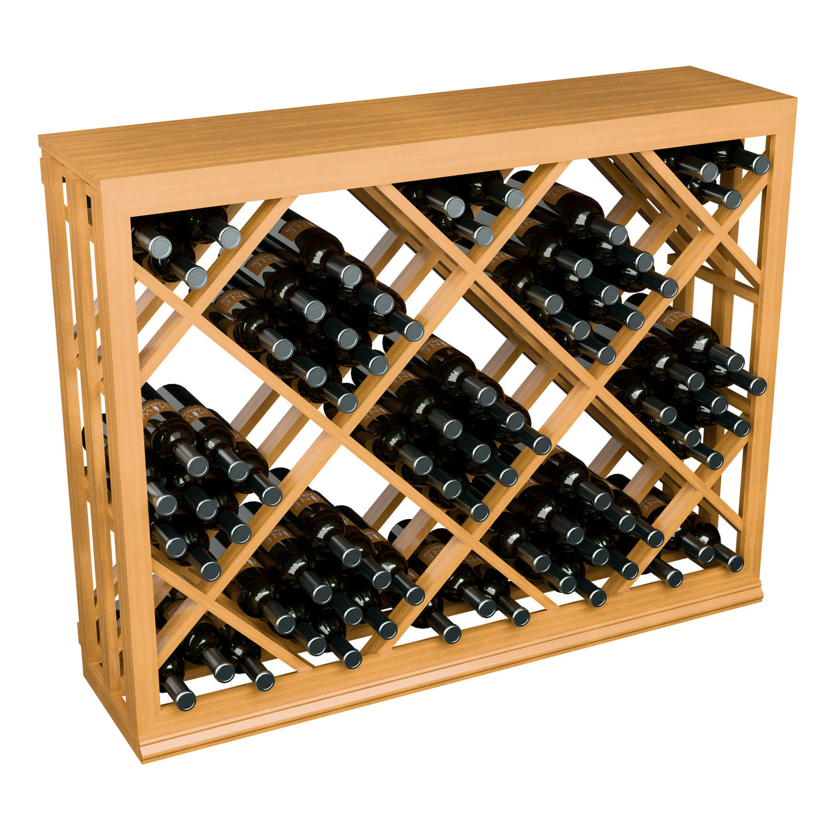 Half-height wine bottle rack with diamond lattice and open front; black bottles