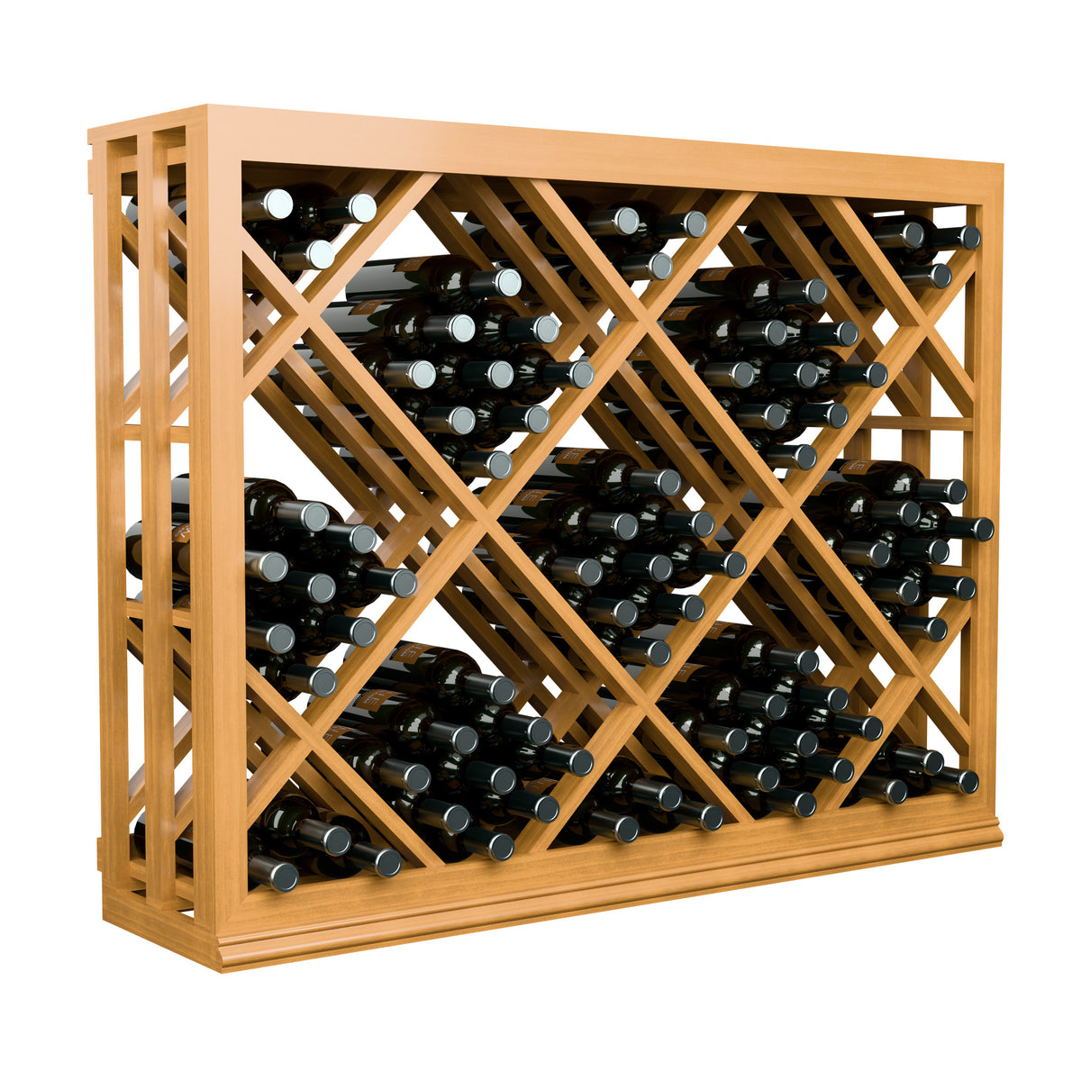 Half-height wine bottle rack with diamond lattice crisscross; black bottles inside
