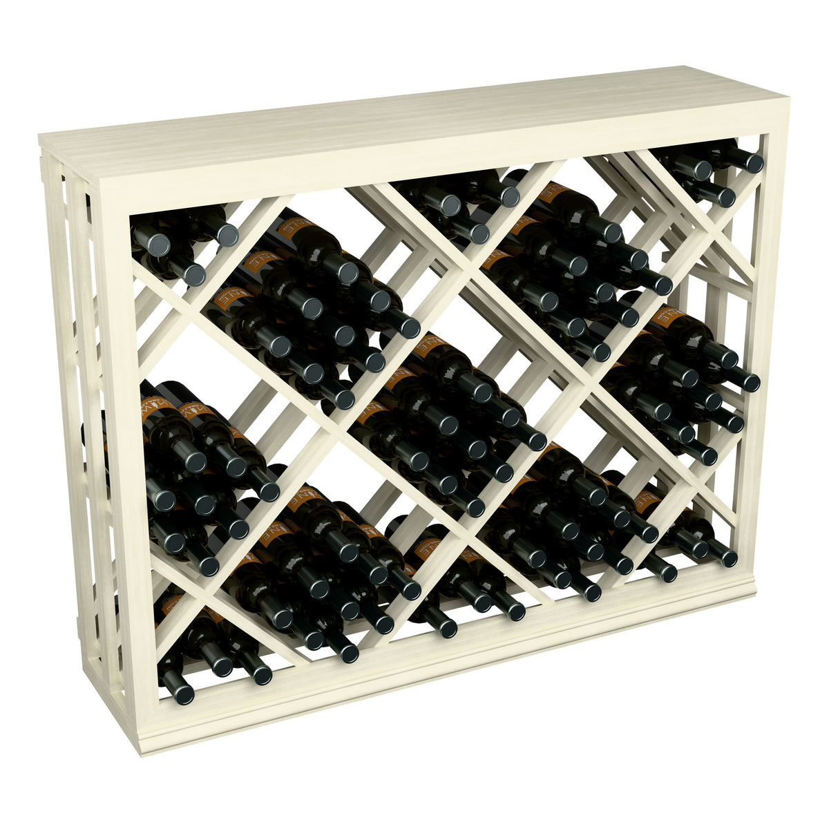 Half-height wine bottle rack with diamond lattice; black bottles in light wood