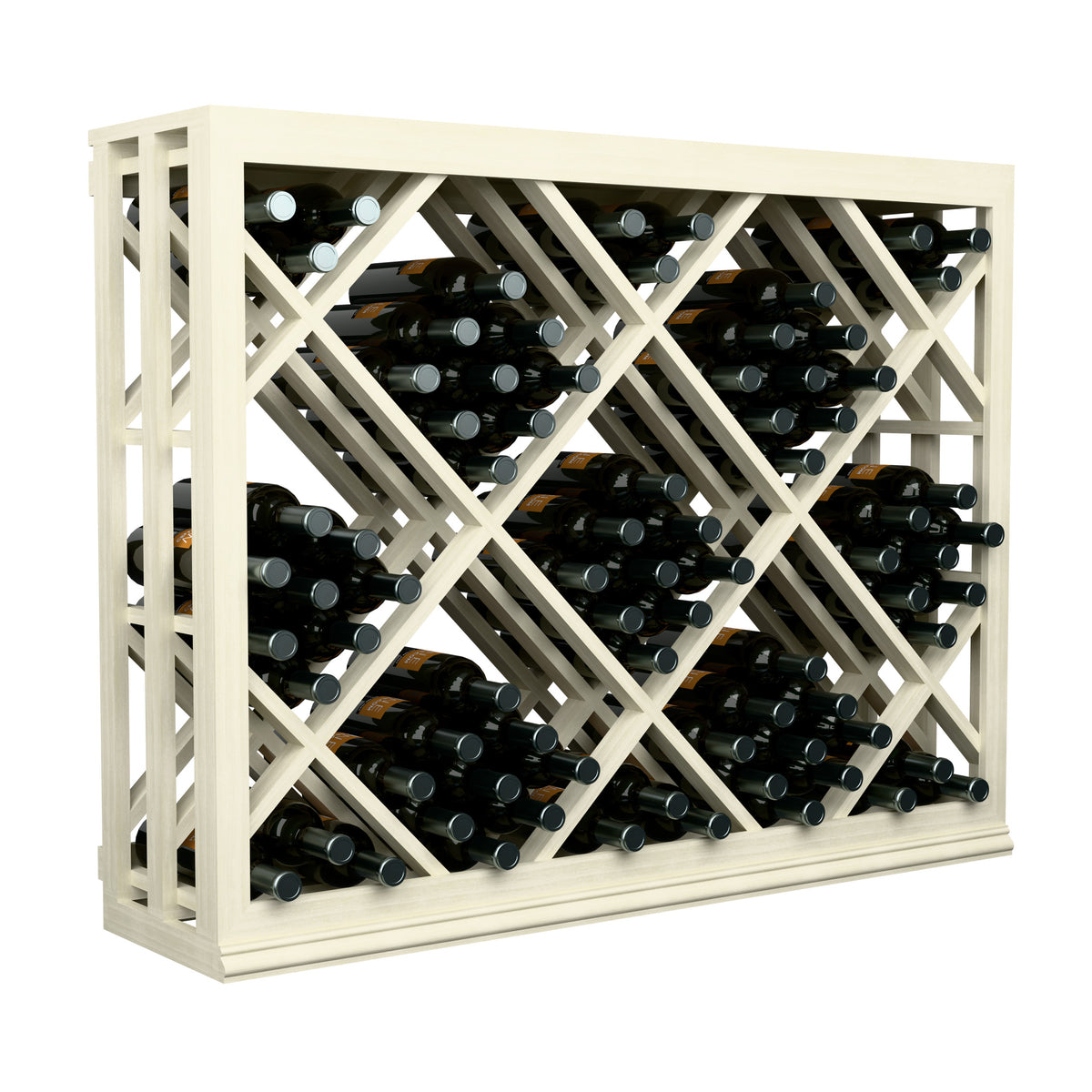 Half-height wine bottle rack with diamond lattice in light finish; black bottles