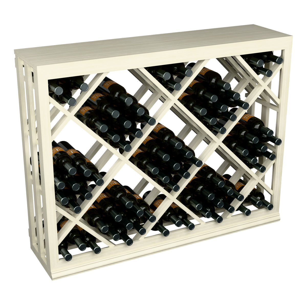 Half-height wine bottle rack with diamond lattice and open front; black bottles