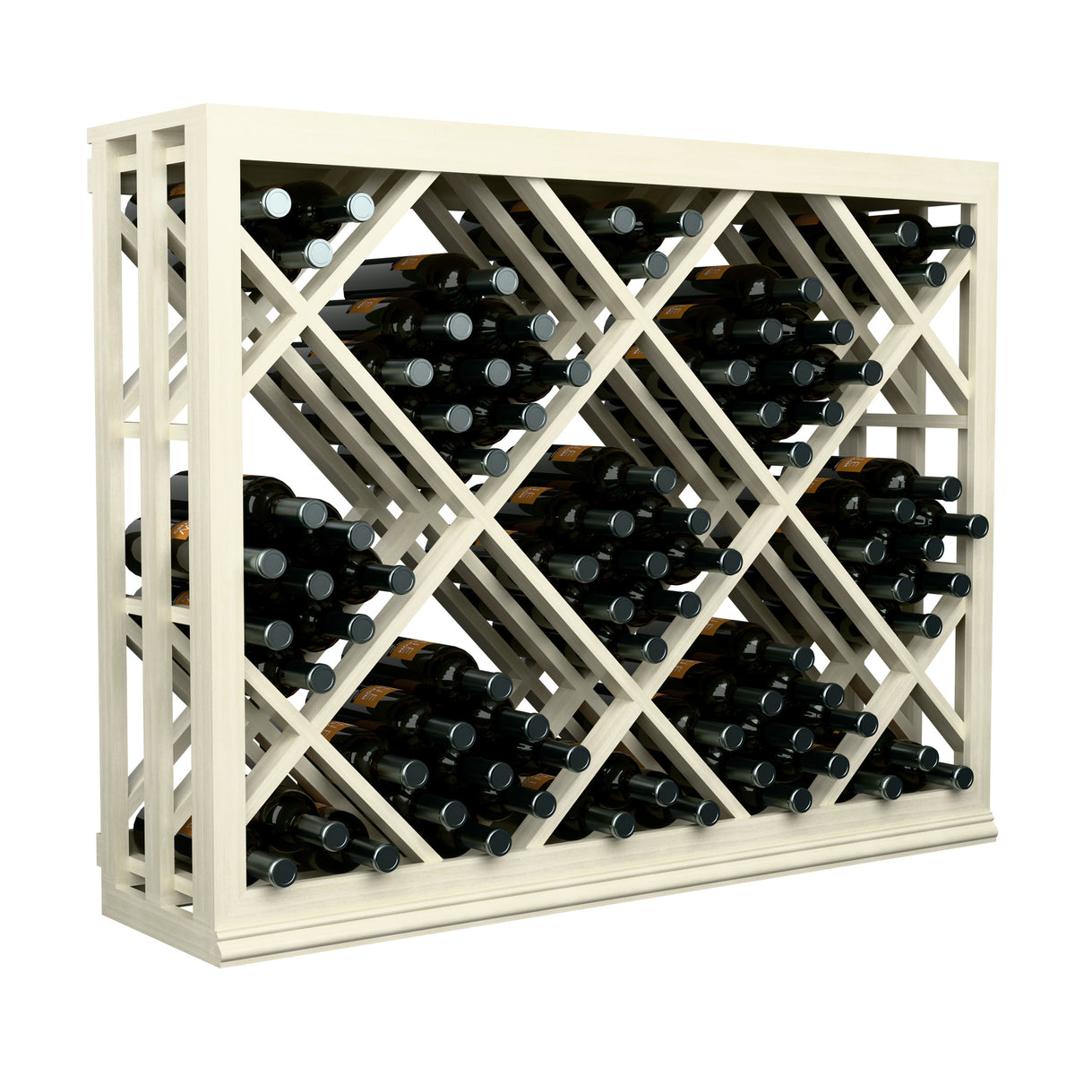 Half-height wine bottle rack with diamond lattice; black bottles on display