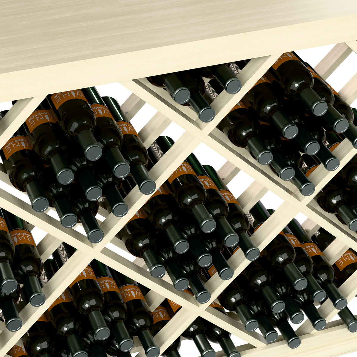 Half-height wine bottle rack close-up: diamond lattice holds black bottles