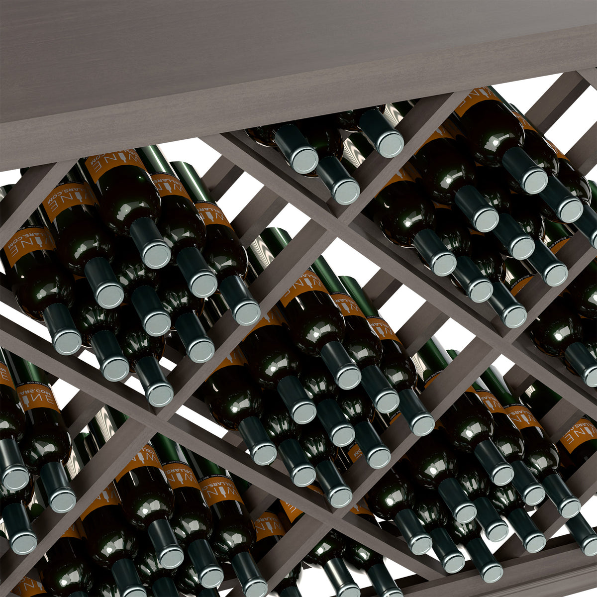 Close-up of diamond lattice wine rack with bottle necks and light gray metal holders