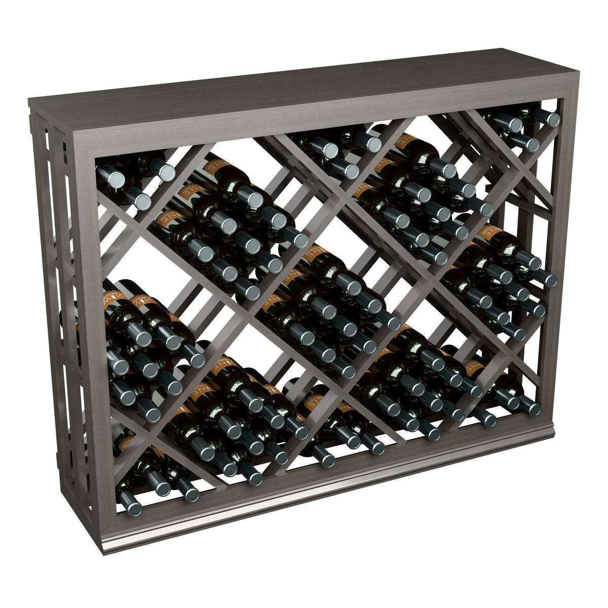 Half-height wine rack with diamond lattice and full bottle rows; dark gray finish
