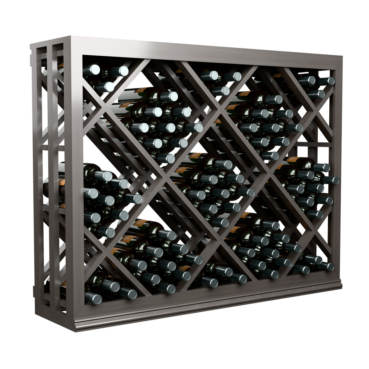 Half-height wine rack from the side with diamond lattice bottle storage; dark gray wood
