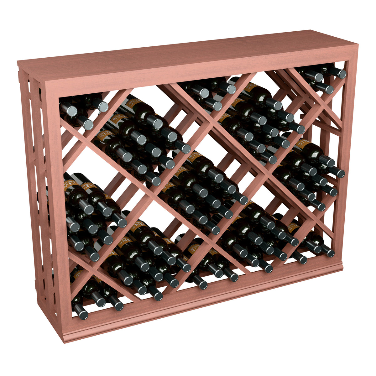 Half-height wine rack with diamond lattice holding bottles; red wood finish