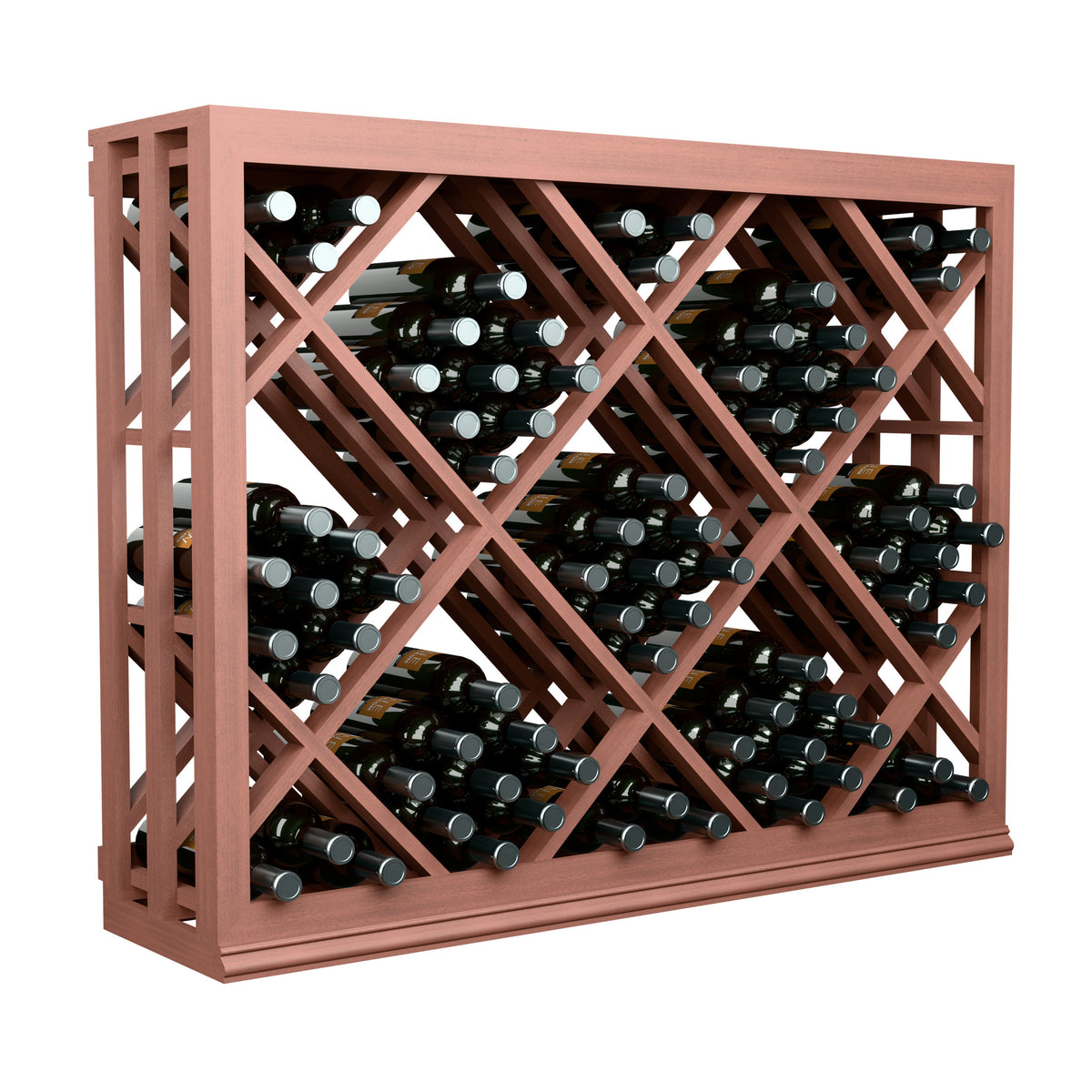 Half-height wine rack side view with diamond lattice bottle slots; red wood frame