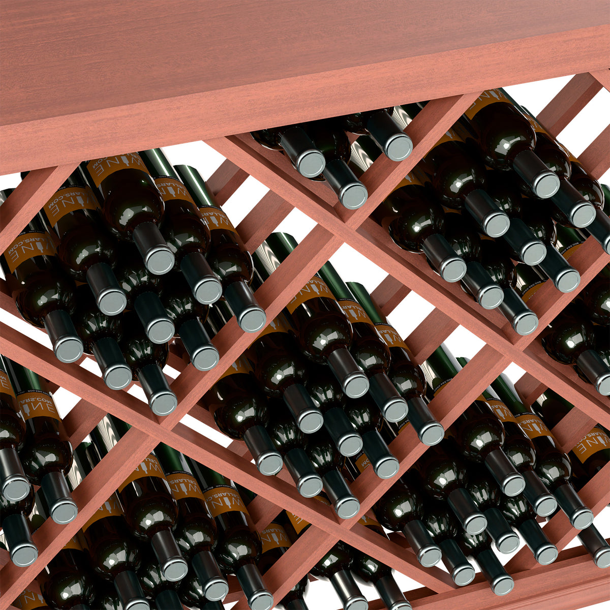 Close-up of diamond lattice wine rack with bottles in angled slots; red frame