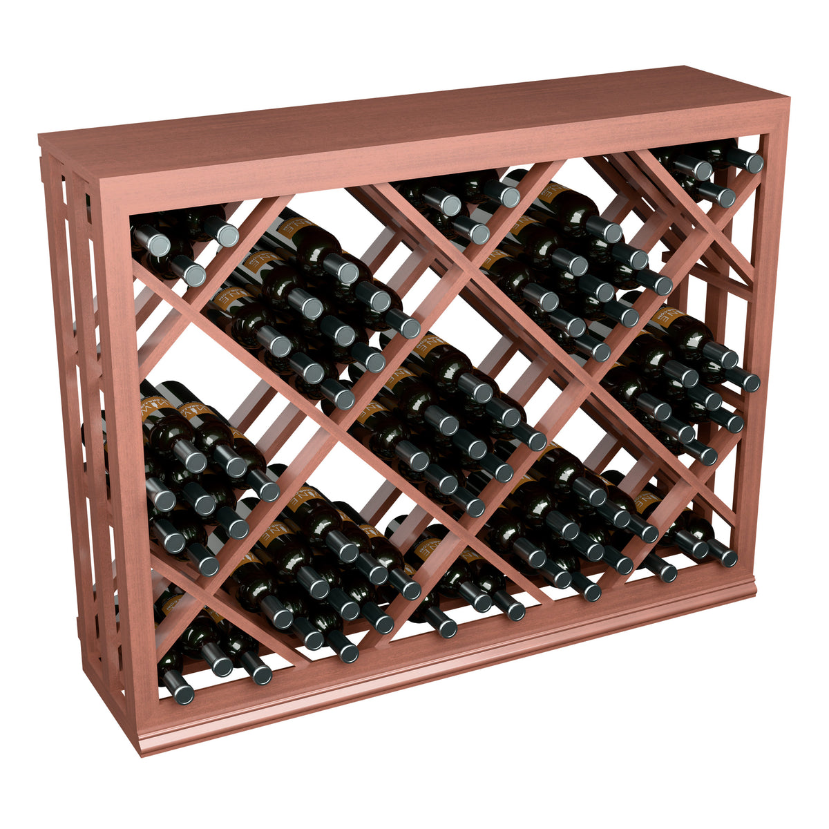 Half-height wine rack with diamond lattice and bottle rows; red wood finish