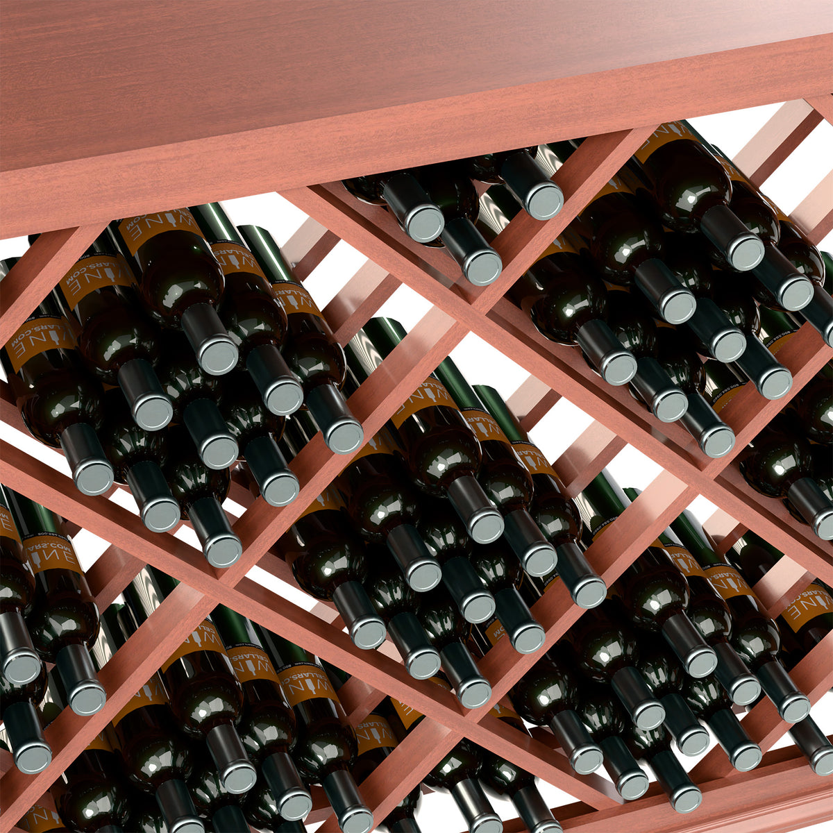Half-height lattice diamond wine rack close-up showing bottle slots in dark wood