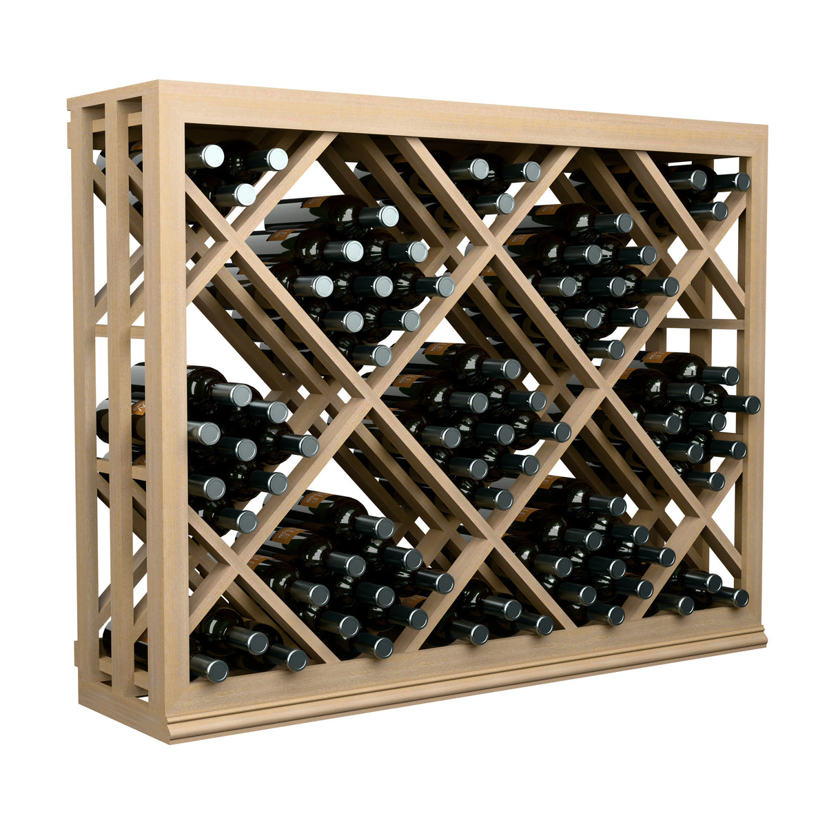 Half-height lattice diamond wine rack with light beige wood frame and bottle storage rows