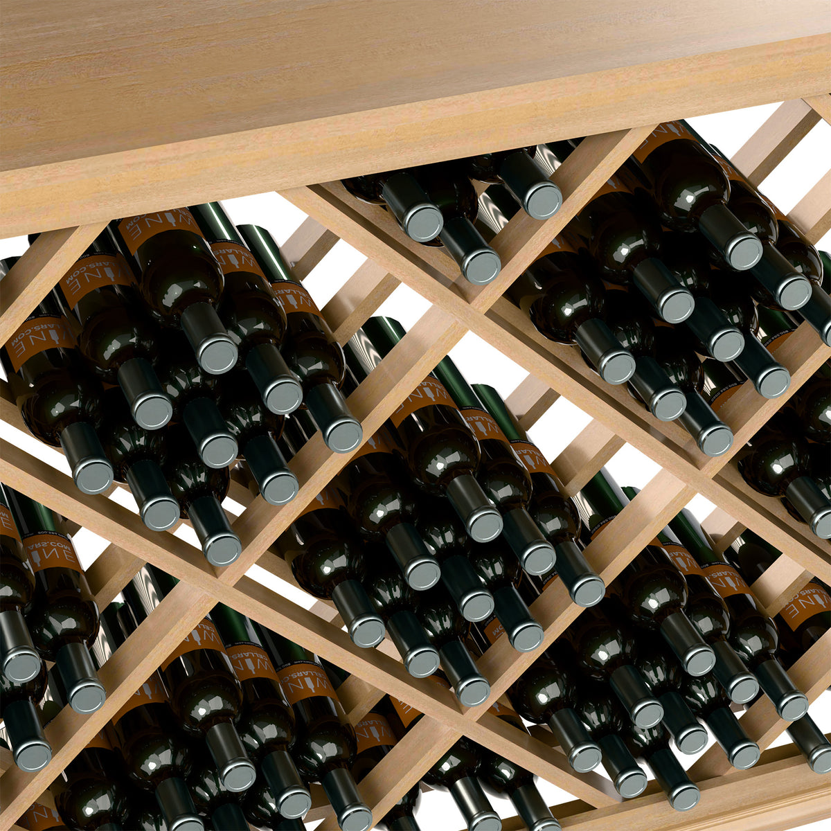 Half-height lattice diamond wine rack close-up showing bottle slots in light wood