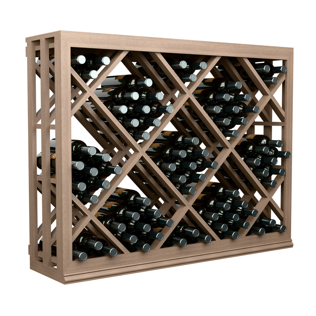 Half-height lattice diamond wine rack with medium wood frame and bottle storage rows