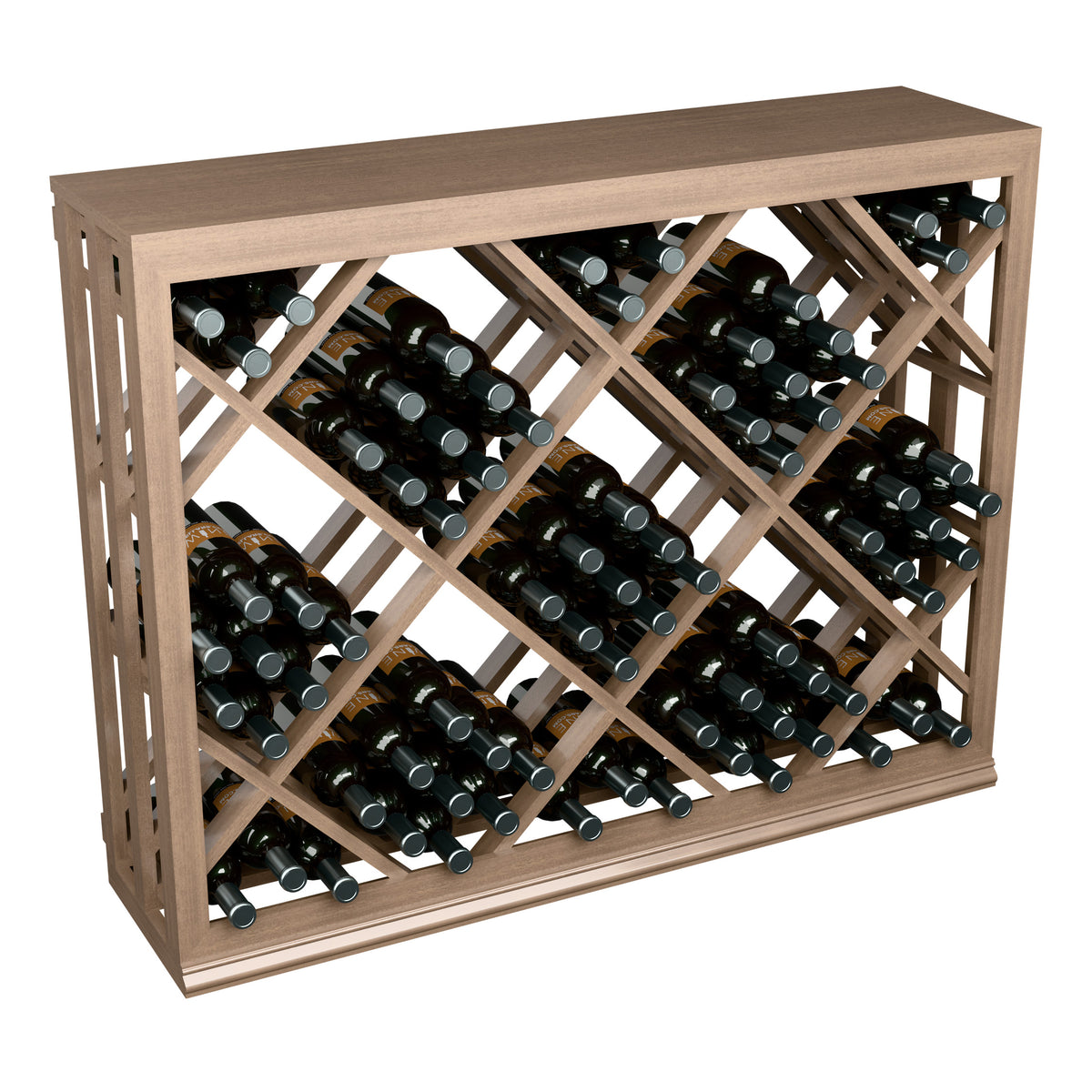 Half-height diamond-lattice wine rack with bottle slots, featuring green bottles