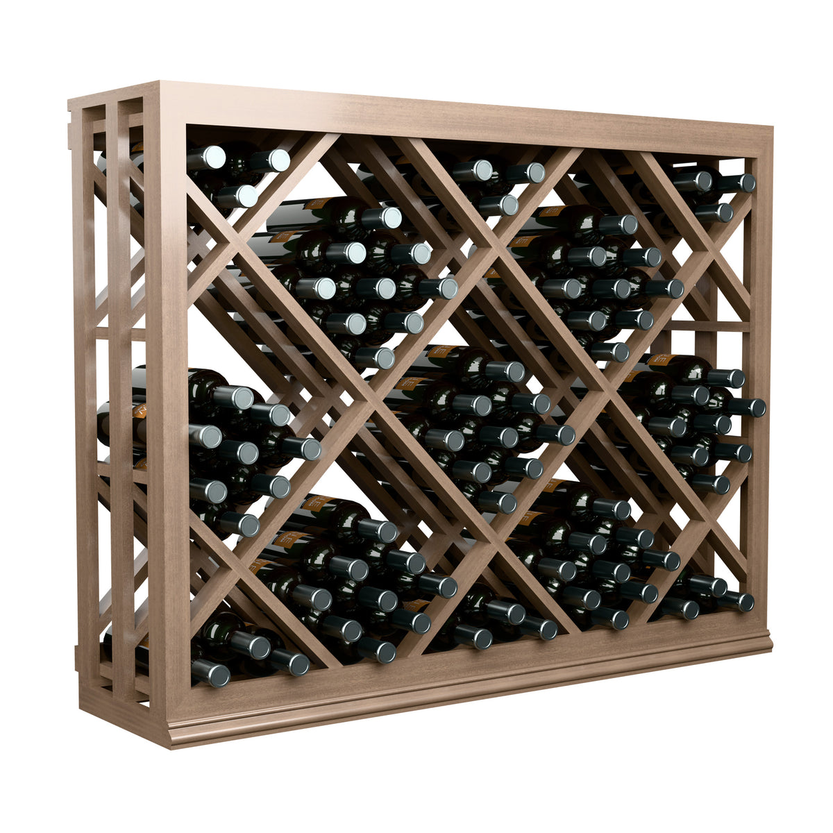 Half-height diamond-lattice wine rack with open face, storing green wine bottles
