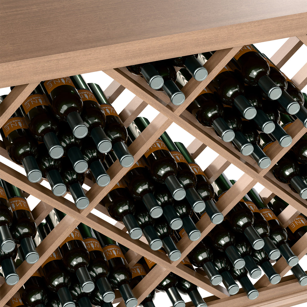Diamond lattice wine rack section with green wine bottles and silver caps