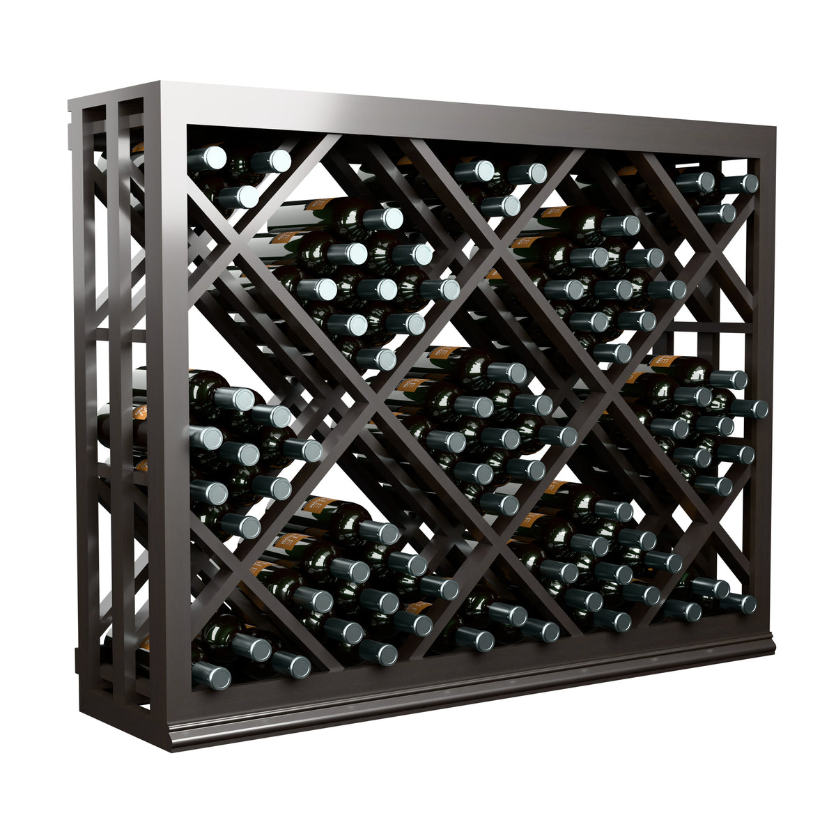 Half-height wine rack with diamond lattice and dark frame, filled with green bottles