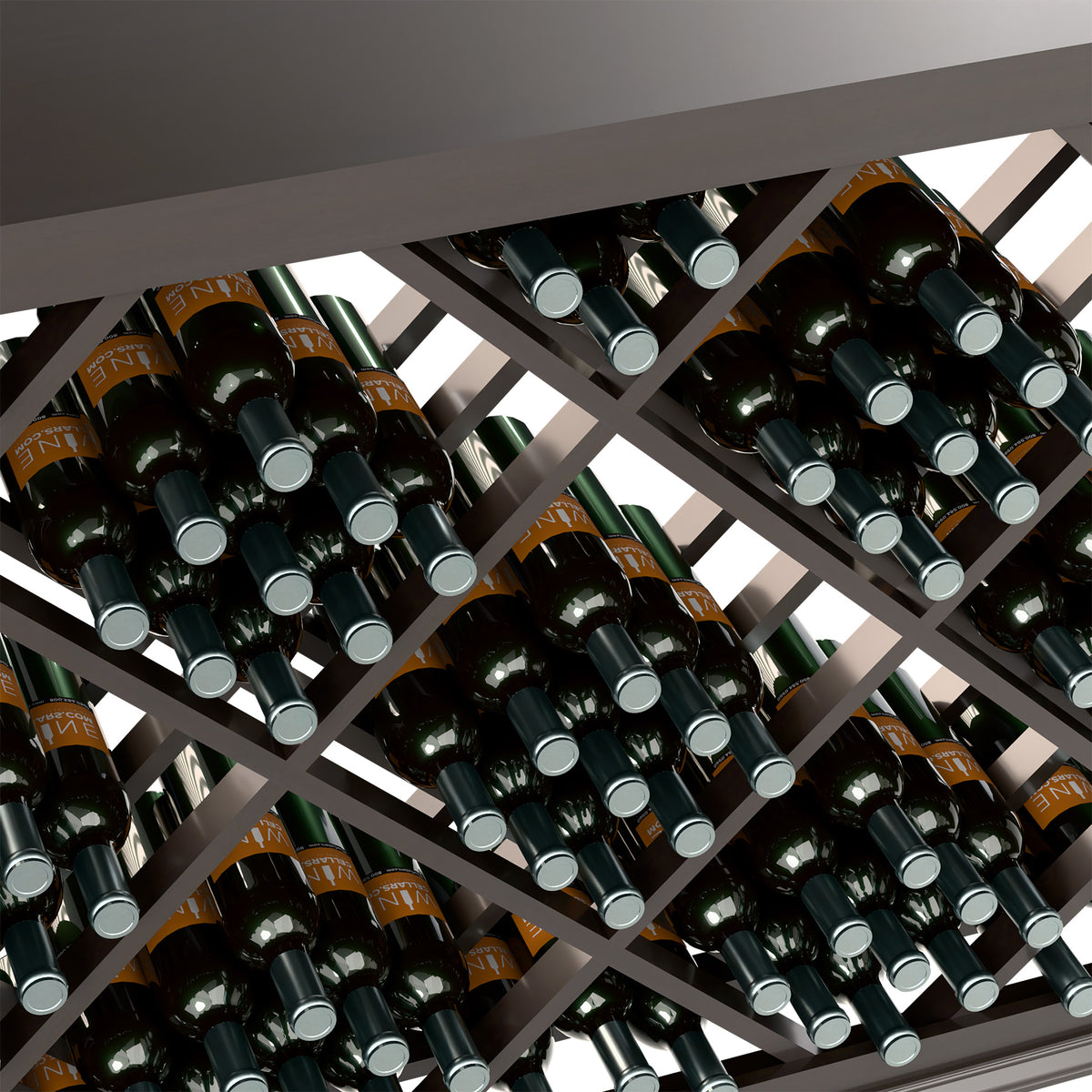 Close-up of diamond-lattice wine rack holding green bottles with silver caps
