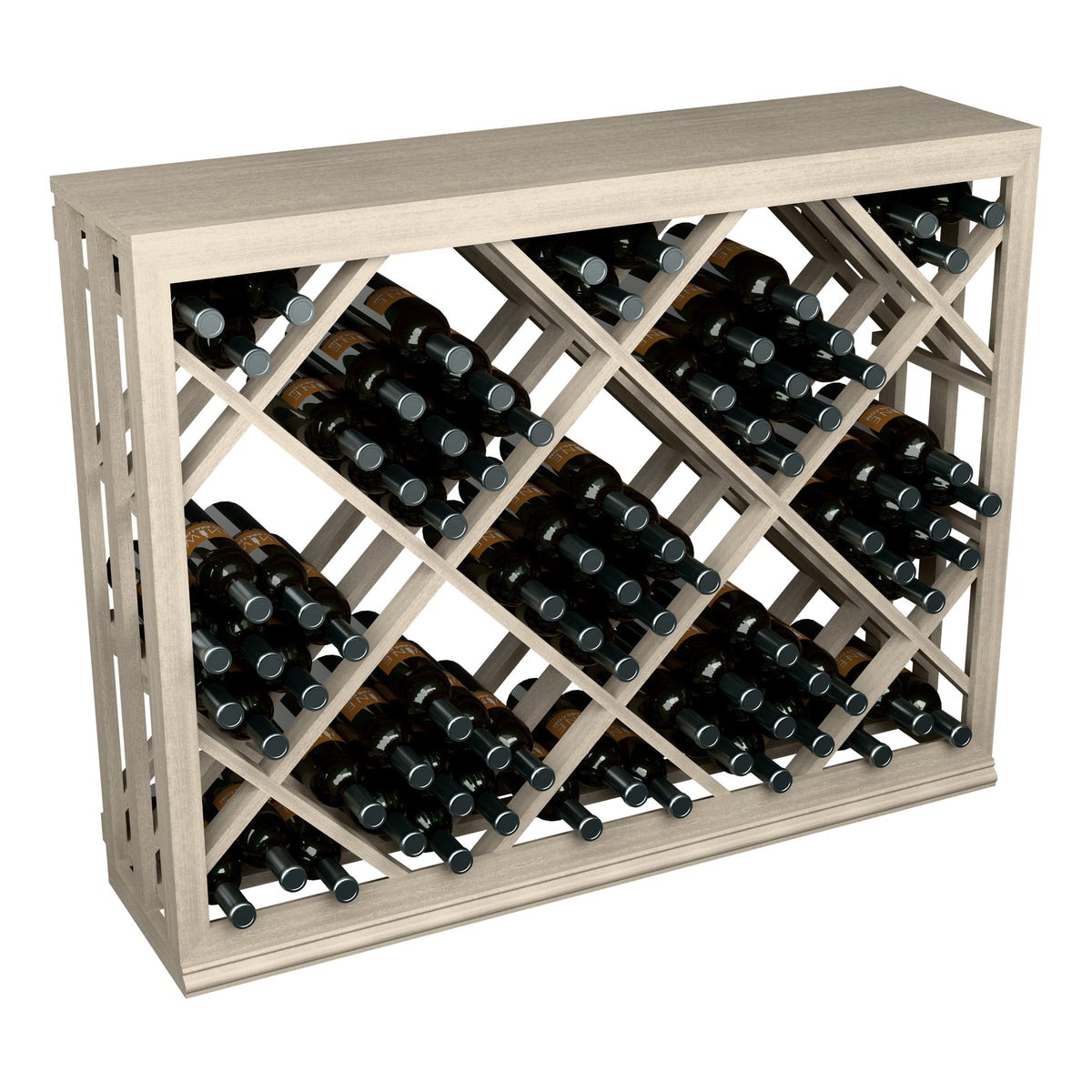 Half-height lattice diamond wine bin with black wine bottles in a grid rack.