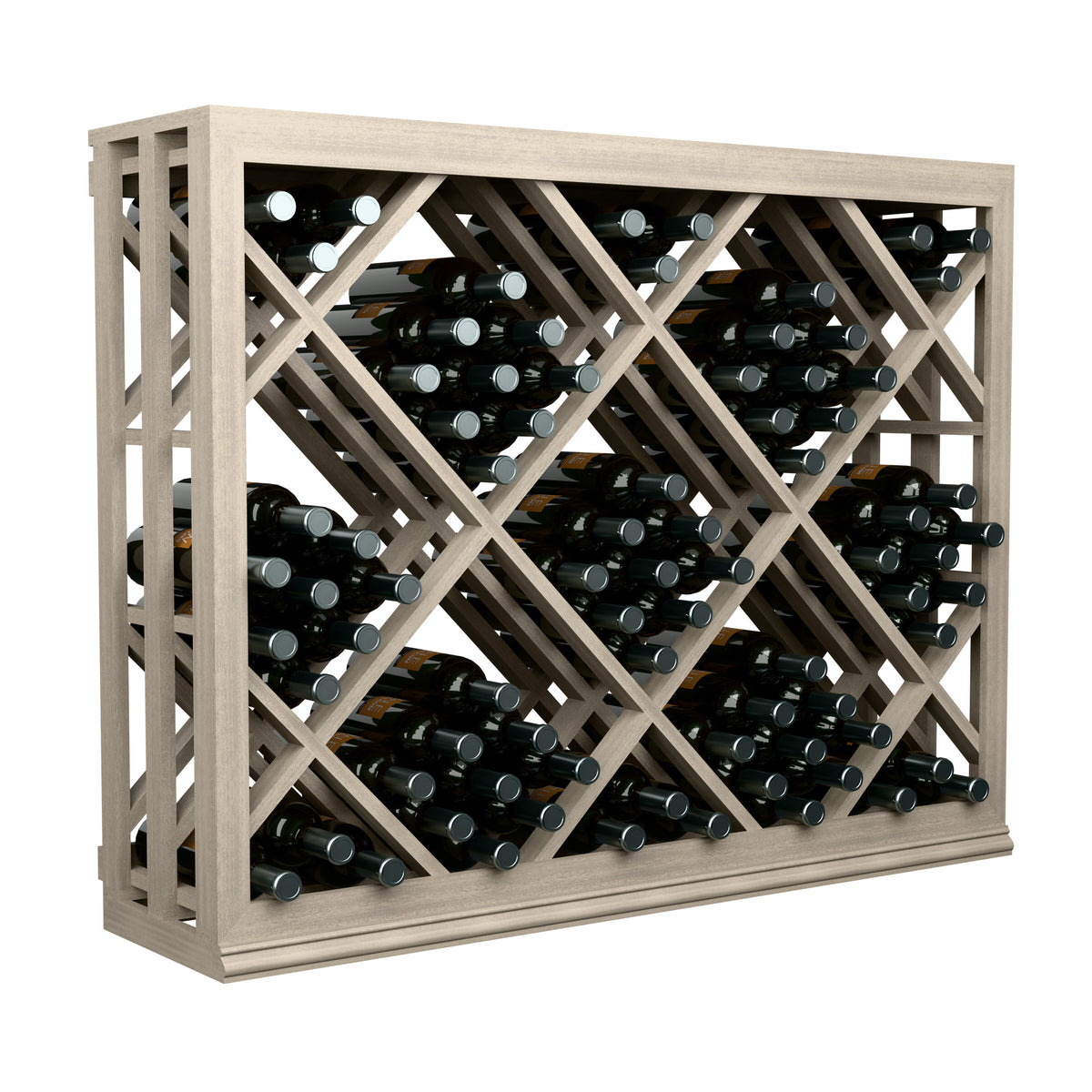 Half-height lattice diamond wine bin viewed from the front with rows of black bottles.