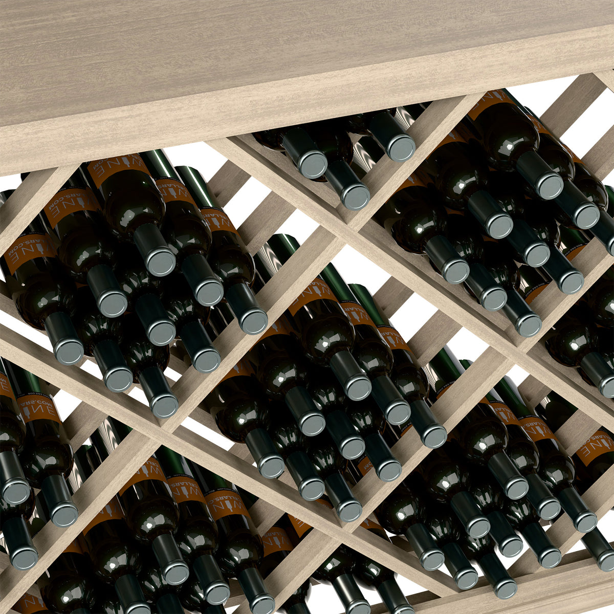 Close-up of lattice diamond bottle holders in a half-height wine bin with black bottles.