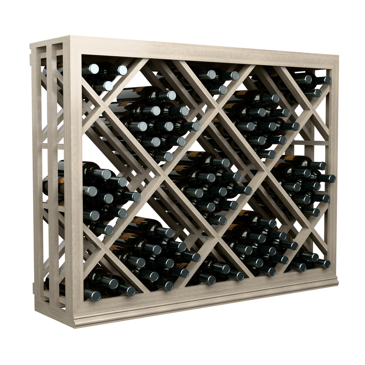 Half-height lattice diamond wine bin front view with black wine bottles neatly stored.