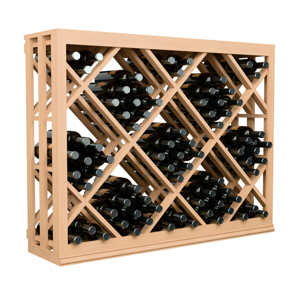 Half-height lattice diamond wine bin front view in light wood with black bottles.