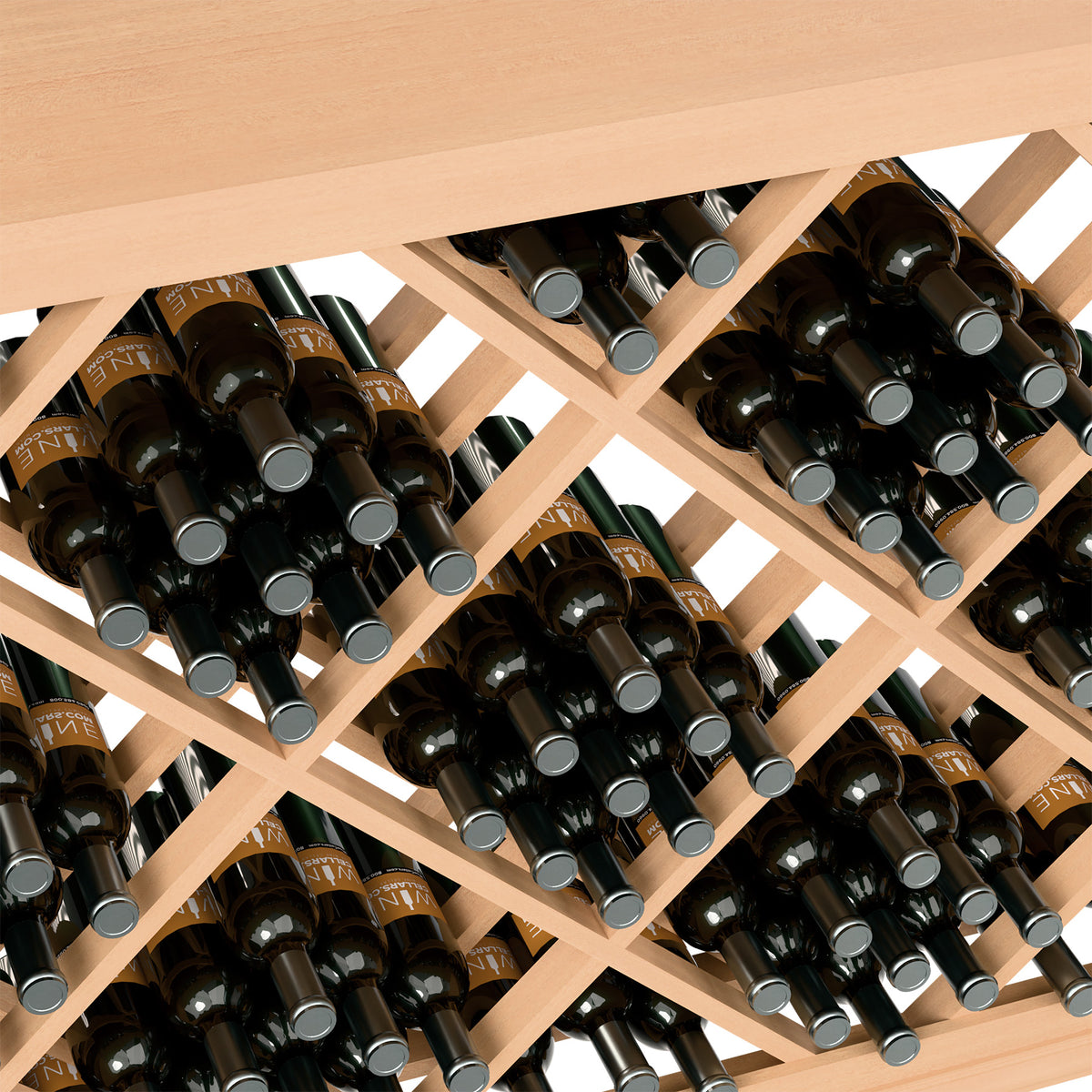 Close-up of black wine bottles in a light-wood lattice diamond rack holder.