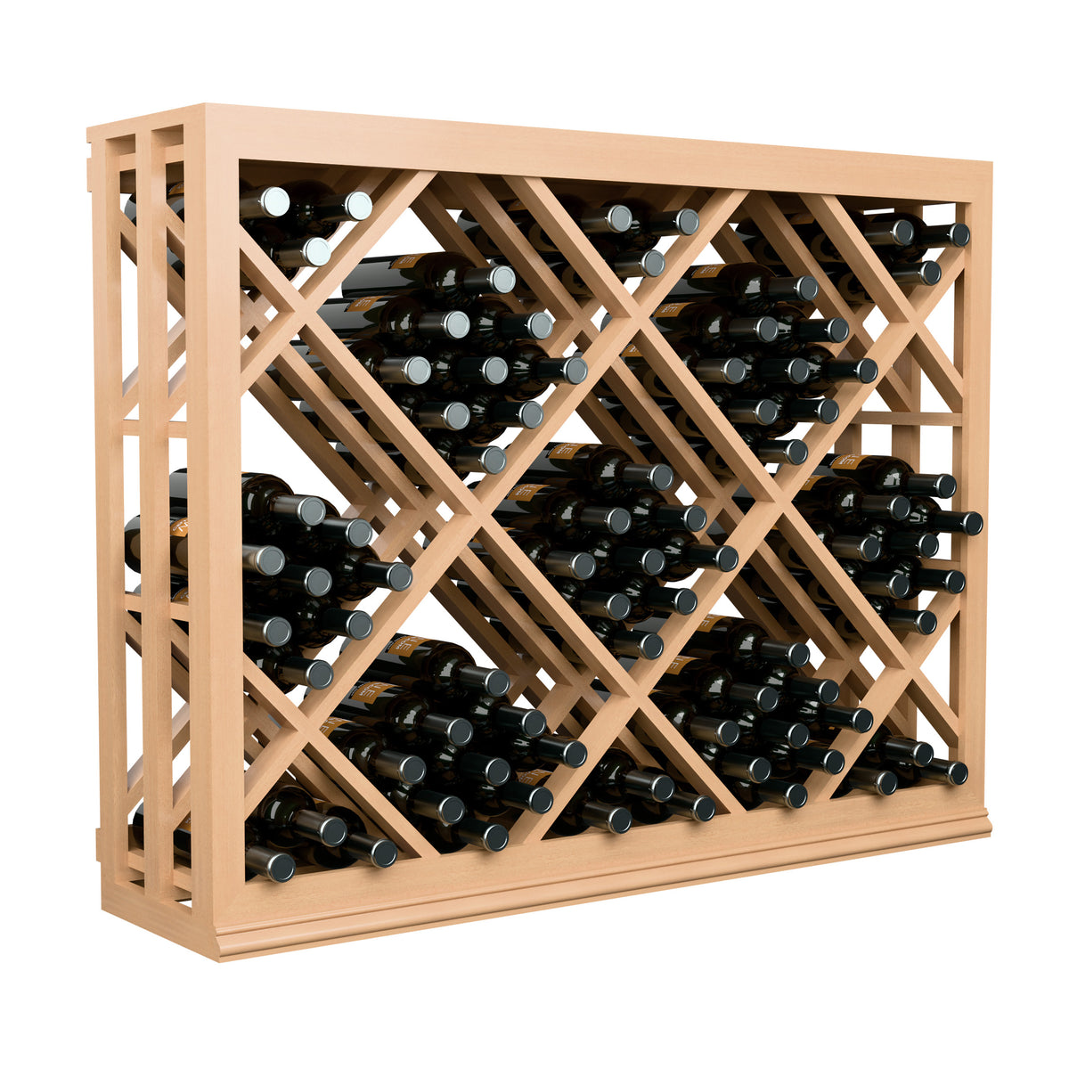 Half-height lattice wine rack in natural wood with diamond crisscross bottle slots