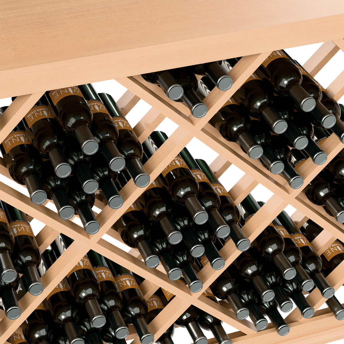 Half-height lattice wine rack detail with wine bottles in natural wood bottle slots