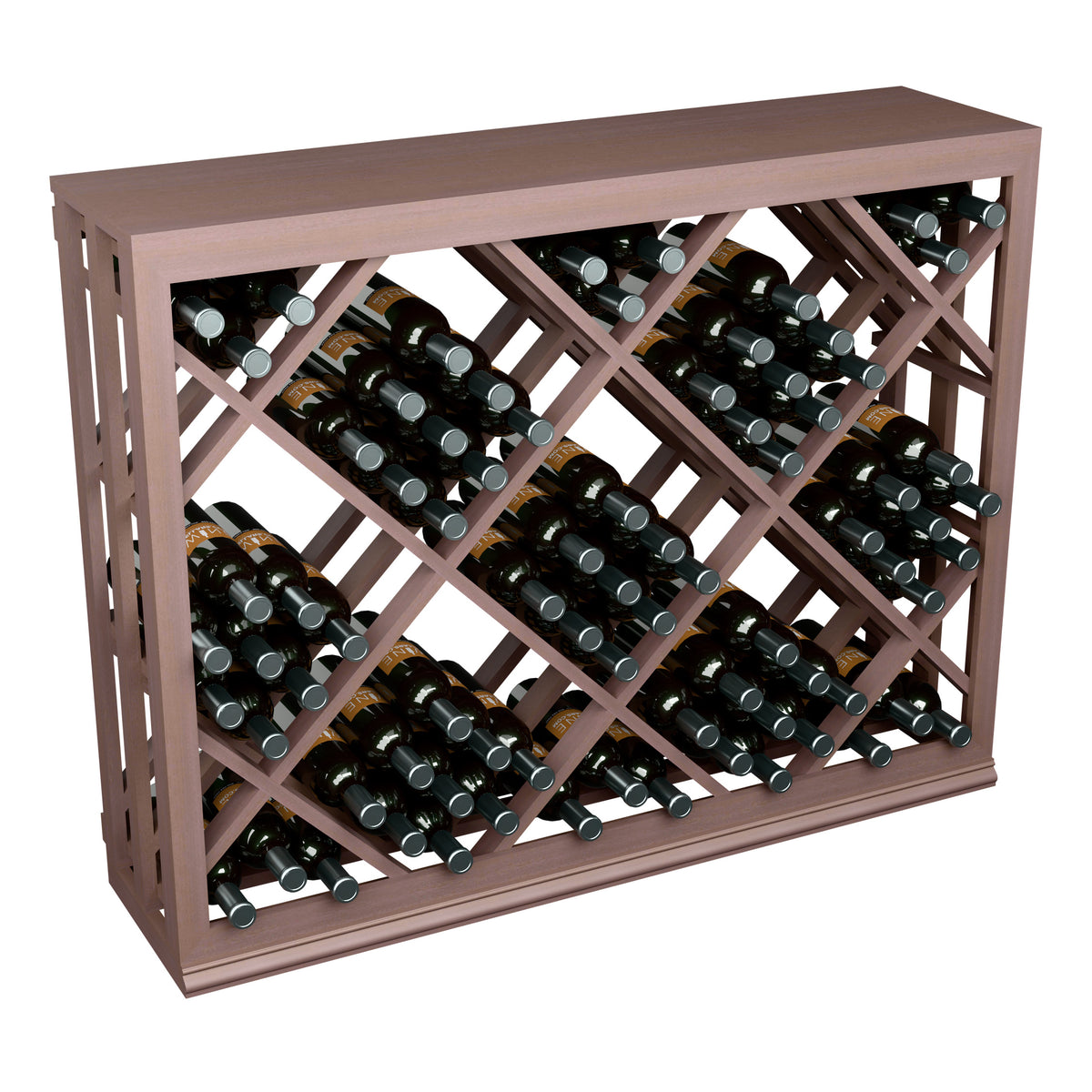 Half-height lattice wine rack in dark stained wood with diamond crisscross bottle slots