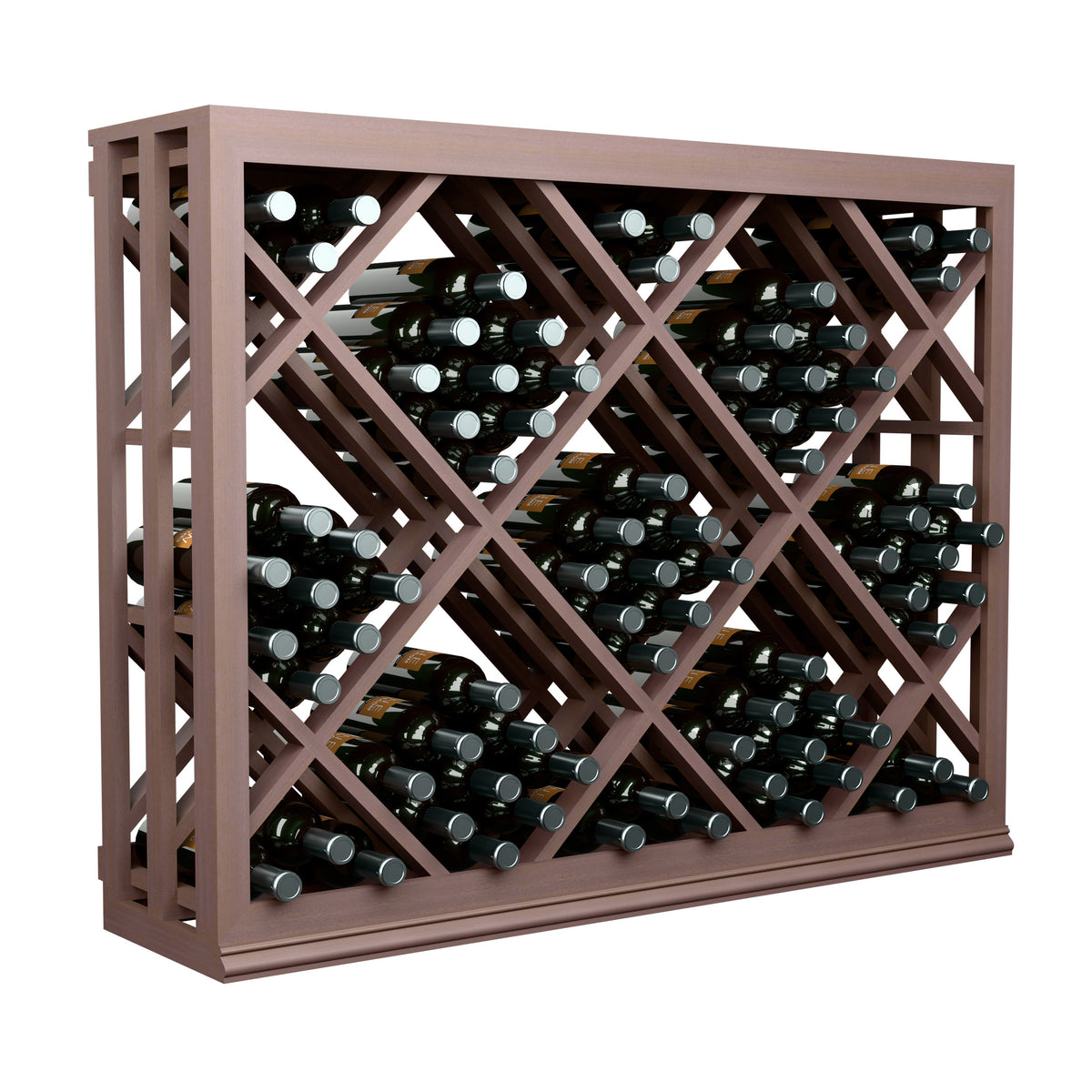 Half-height lattice wine rack in dark stained wood with filled wine bottle display