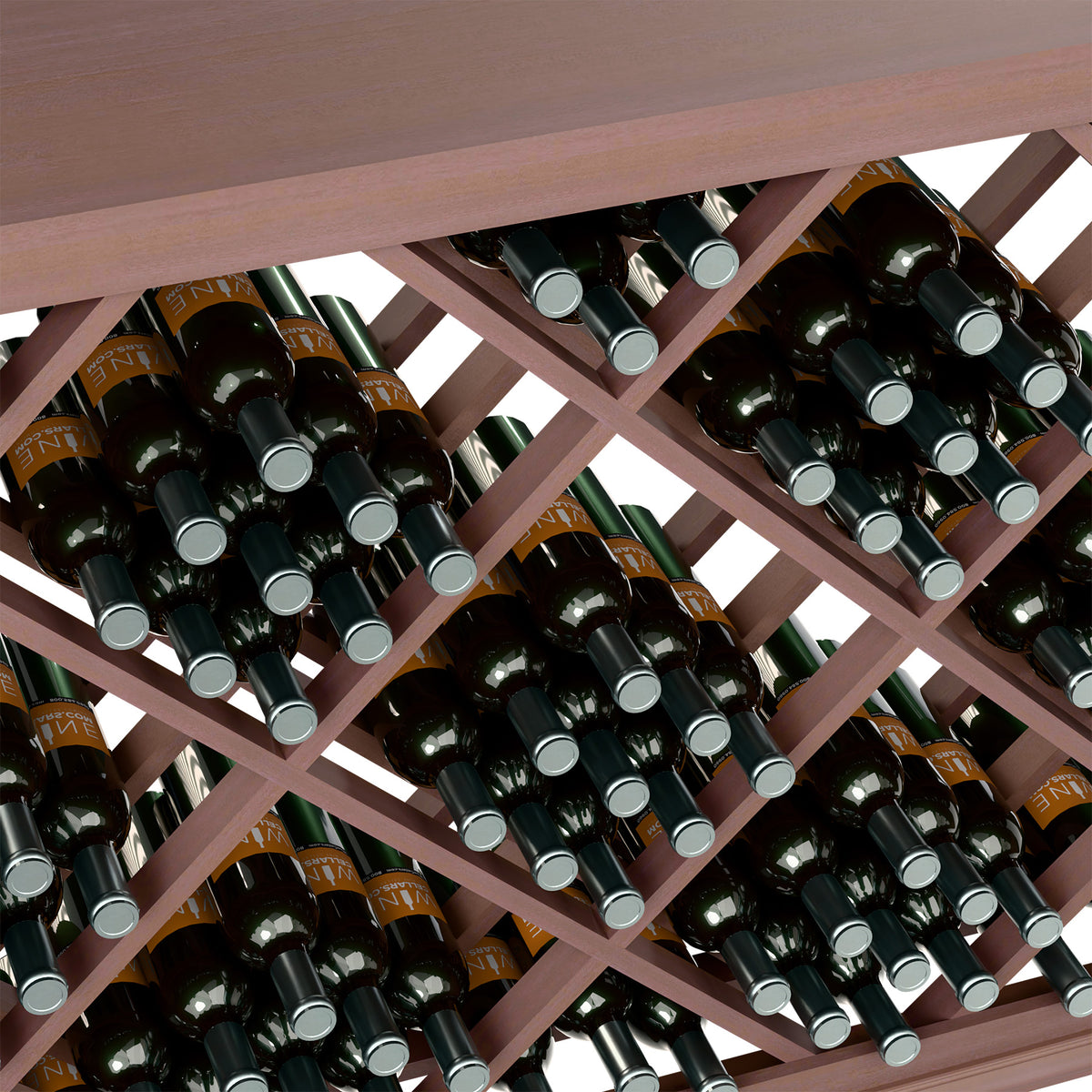 Half-height lattice wine rack close-up with wine bottles in dark stained wood slots