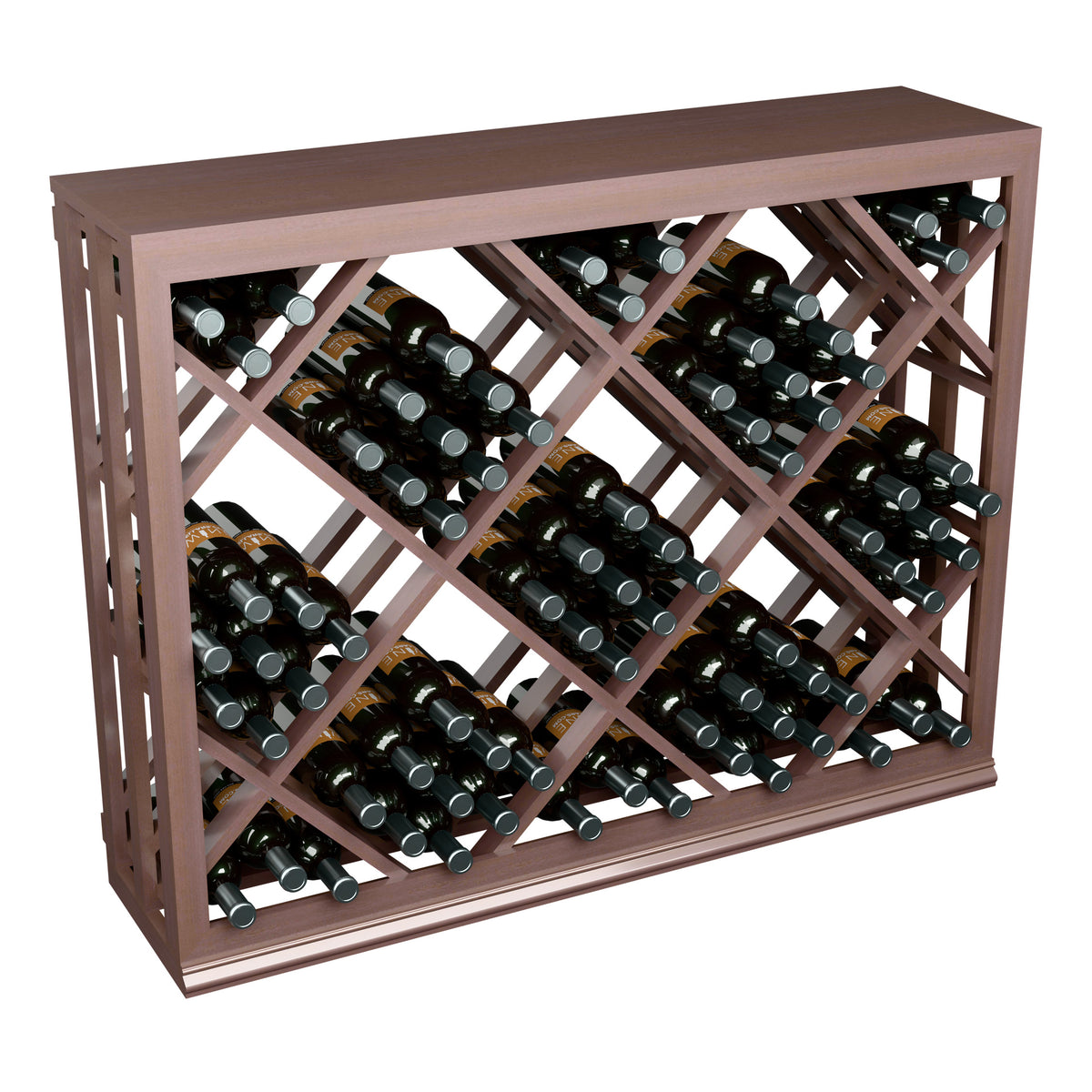Half-height lattice wine rack in dark stained wood showing front with rows of bottles