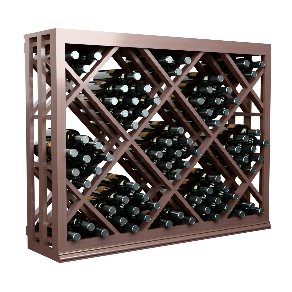 Half-height lattice wine rack in dark stained wood with diamond lattice and bottle slots