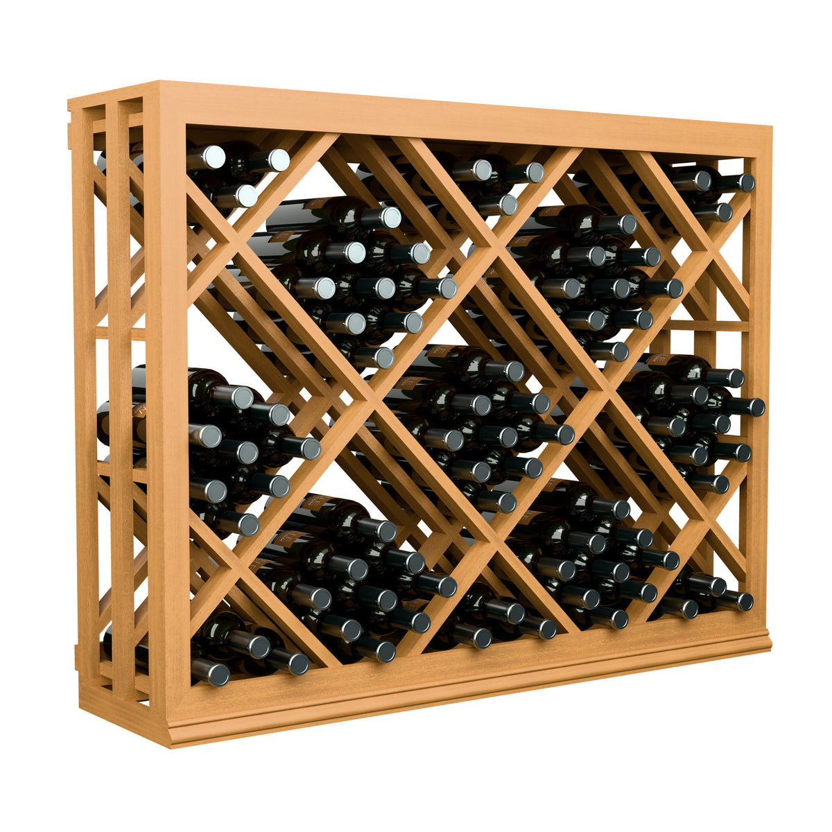 Half-height lattice wine rack in natural wood with filled wine bottle slots