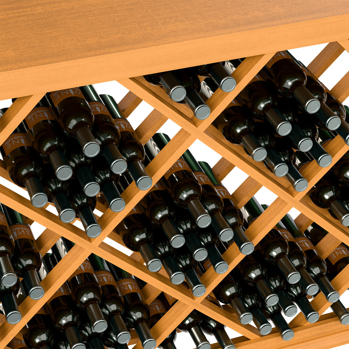 Half-height lattice wine bottle bin with diamond grid, holding dark glass bottles.