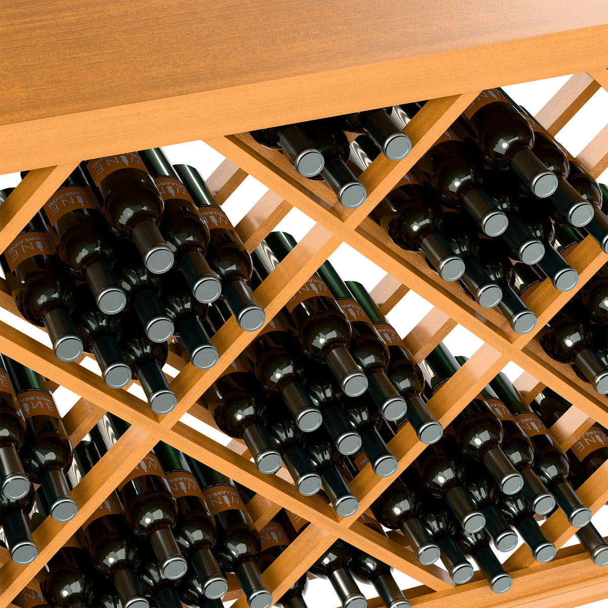 Half-height lattice wine bottle bin showing bottle necks in diamond grid supports.