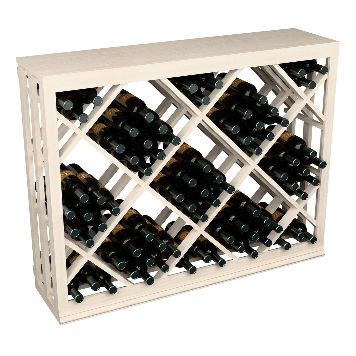 Half-height lattice wine bottle rack with diamond crisscross shelves and wine bottles.