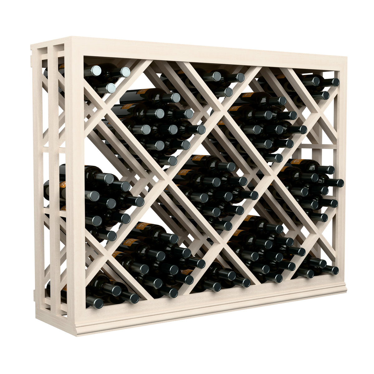 Half-height lattice wine bottle bin with diamond pattern grid, light finish, filled with bottles.