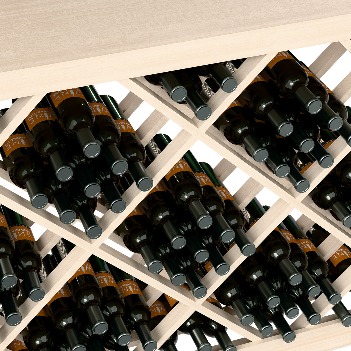 Half-height lattice wine bottle bin detail: diamond grid holds bottle necks and caps.