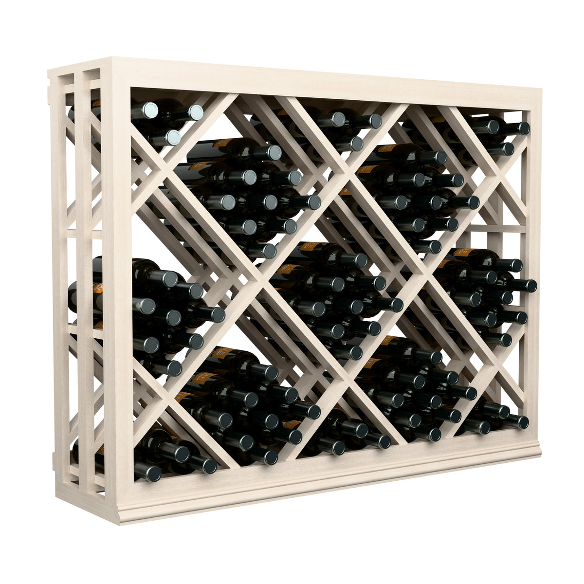 Half-height lattice wine bottle bin, light wood diamond grid, bottles stored in compartments.