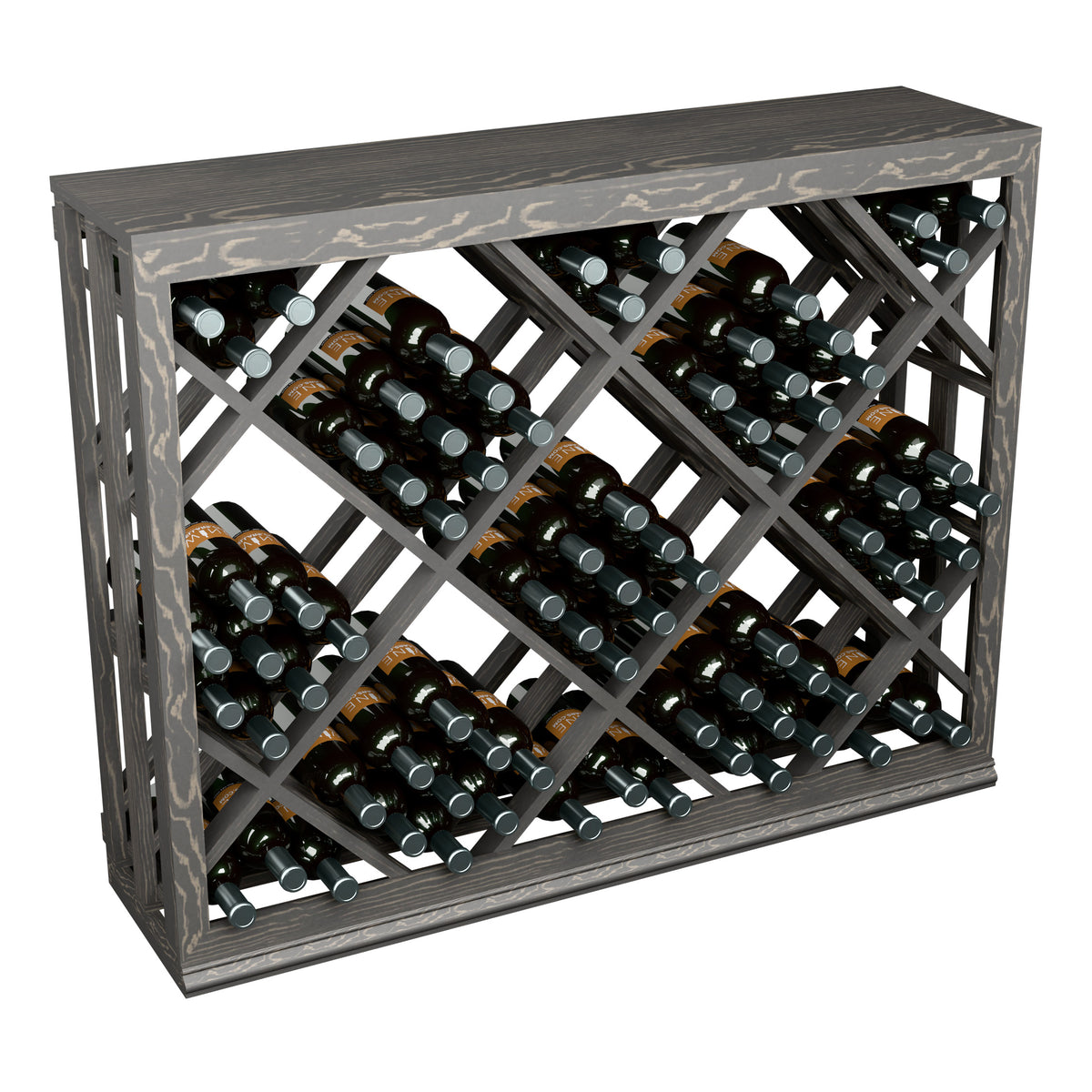Half-height lattice wine bin in dark grey wood with diamond crisscross bottle holders