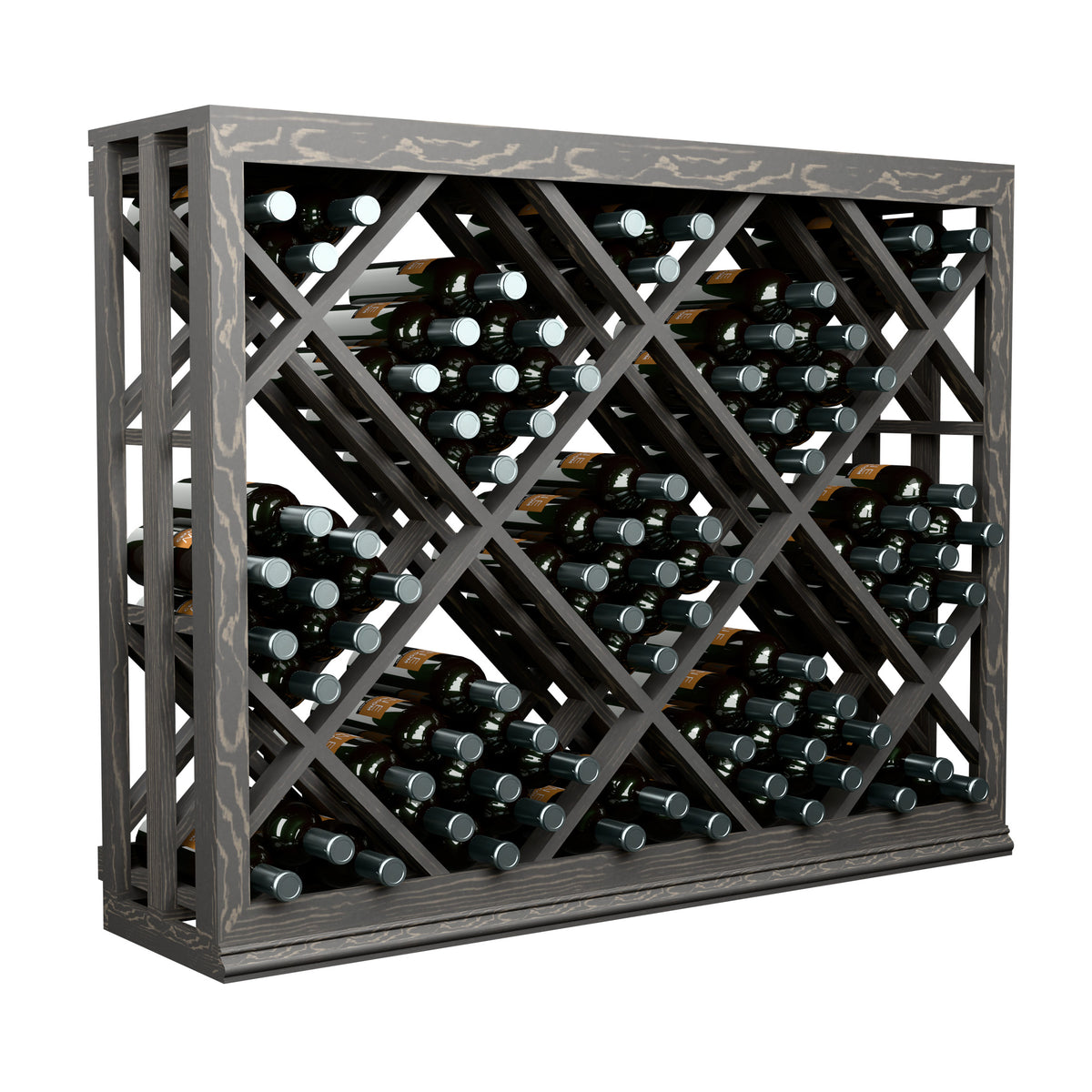 Half-height lattice wine bin in dark grey wood showing front diamond bottle slots