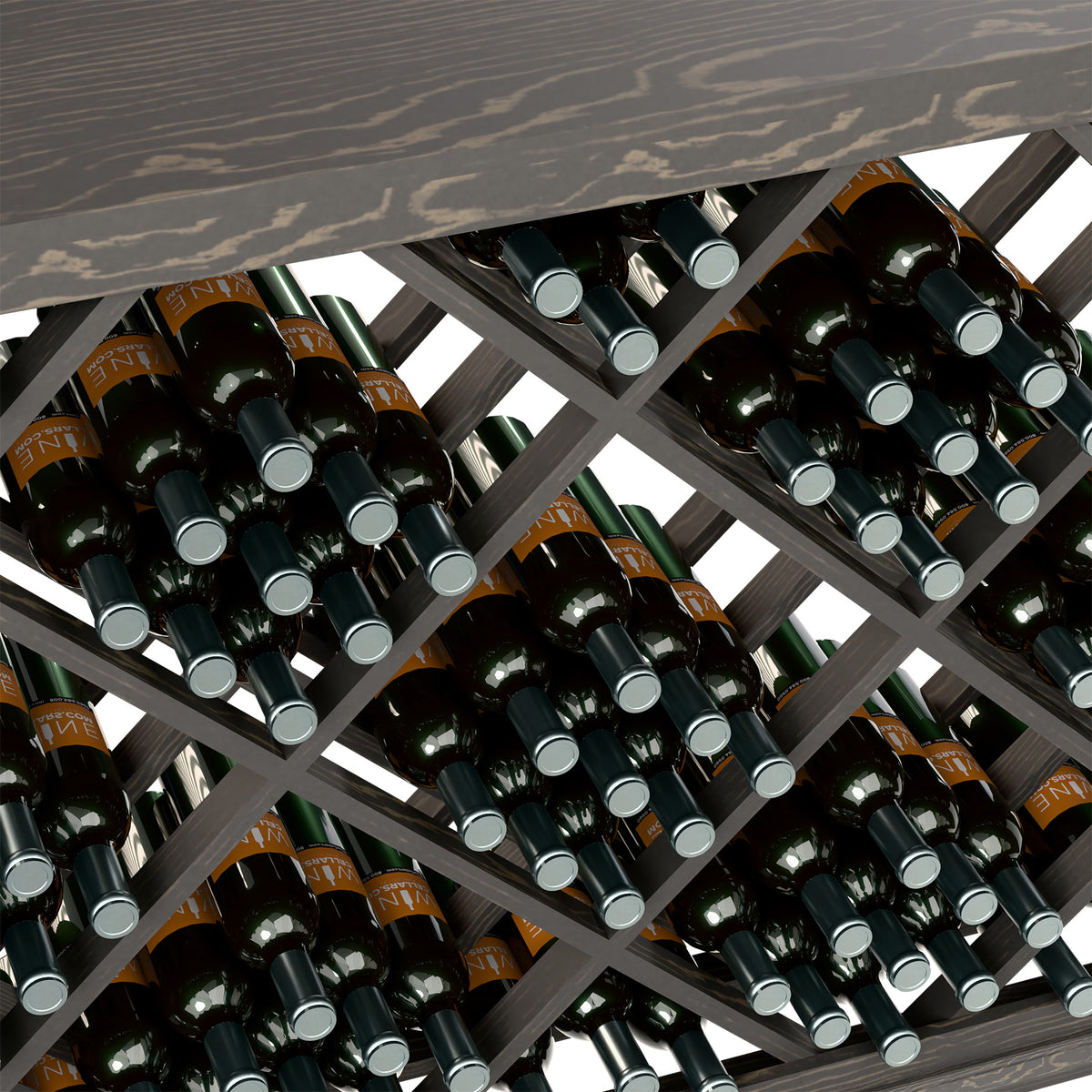 Half-height lattice wine bin close-up of dark grey diamond bottle storage with caps