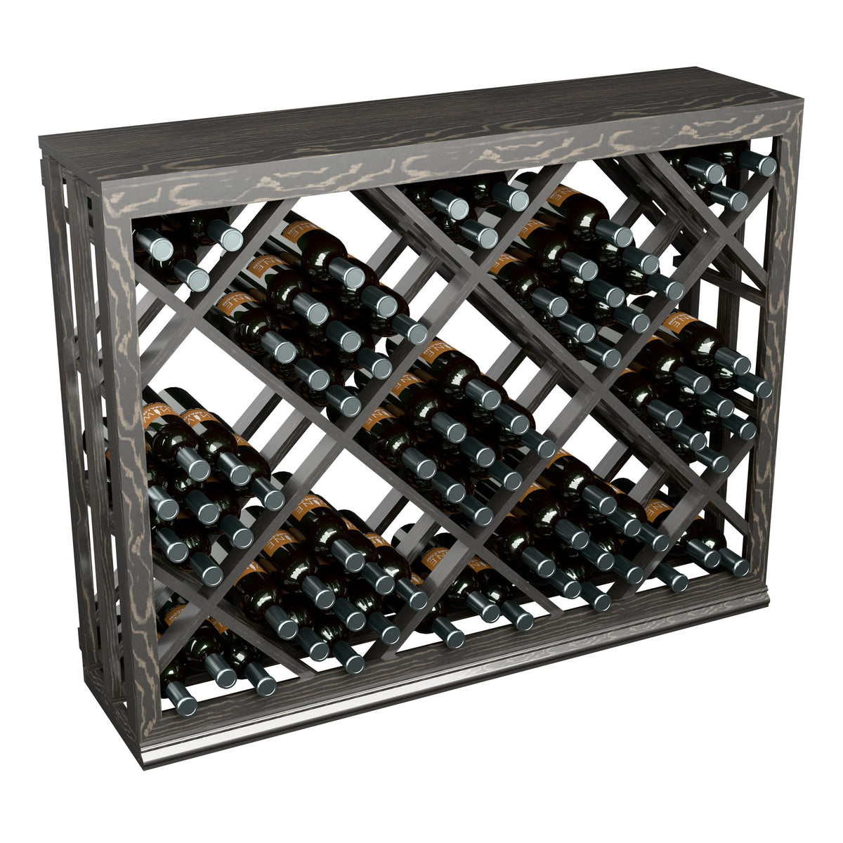 Half-height lattice wine bin in dark grey wood with diamond lattice and bottle rows