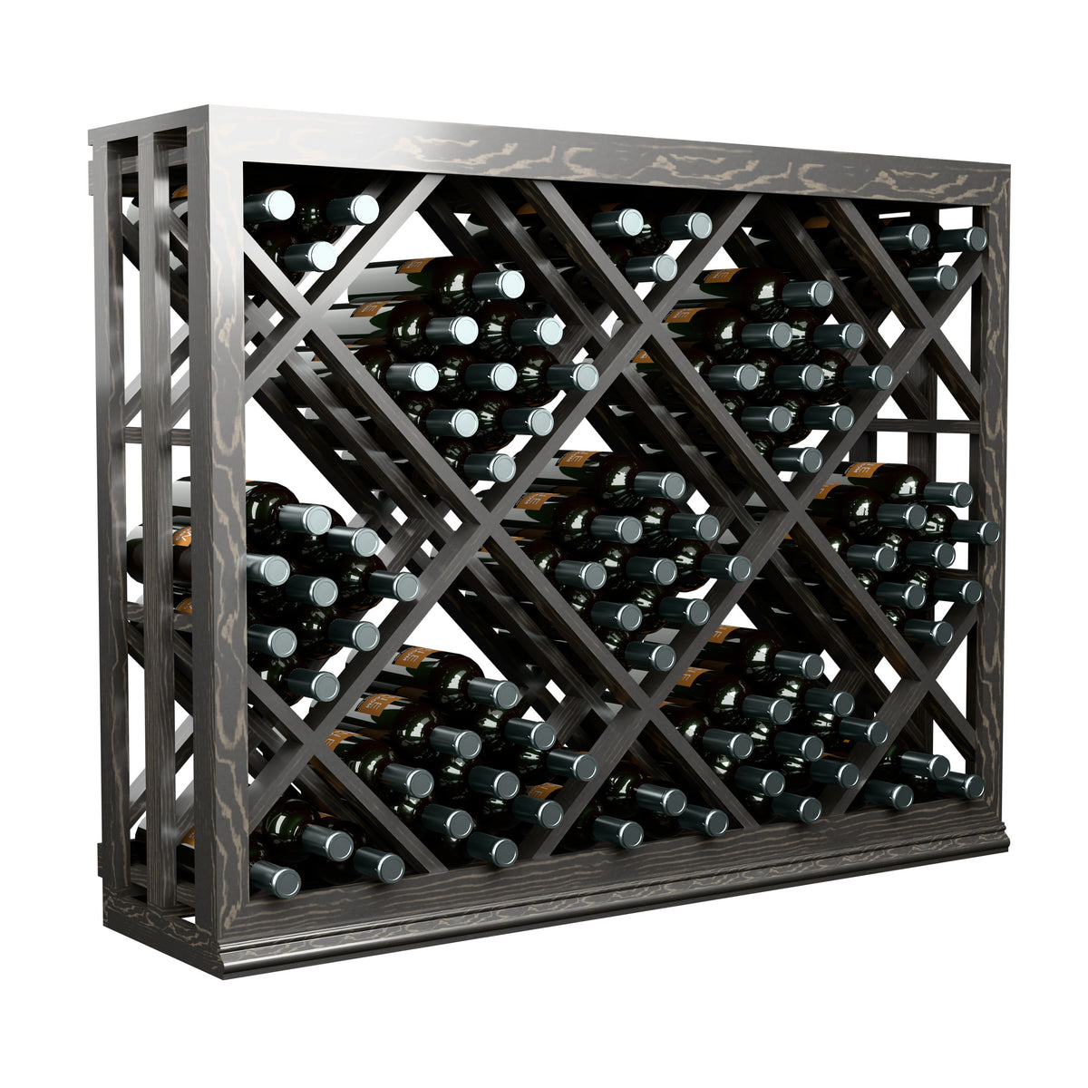 Half-height lattice wine bin in light grey wood with diamond crisscross bottle holders