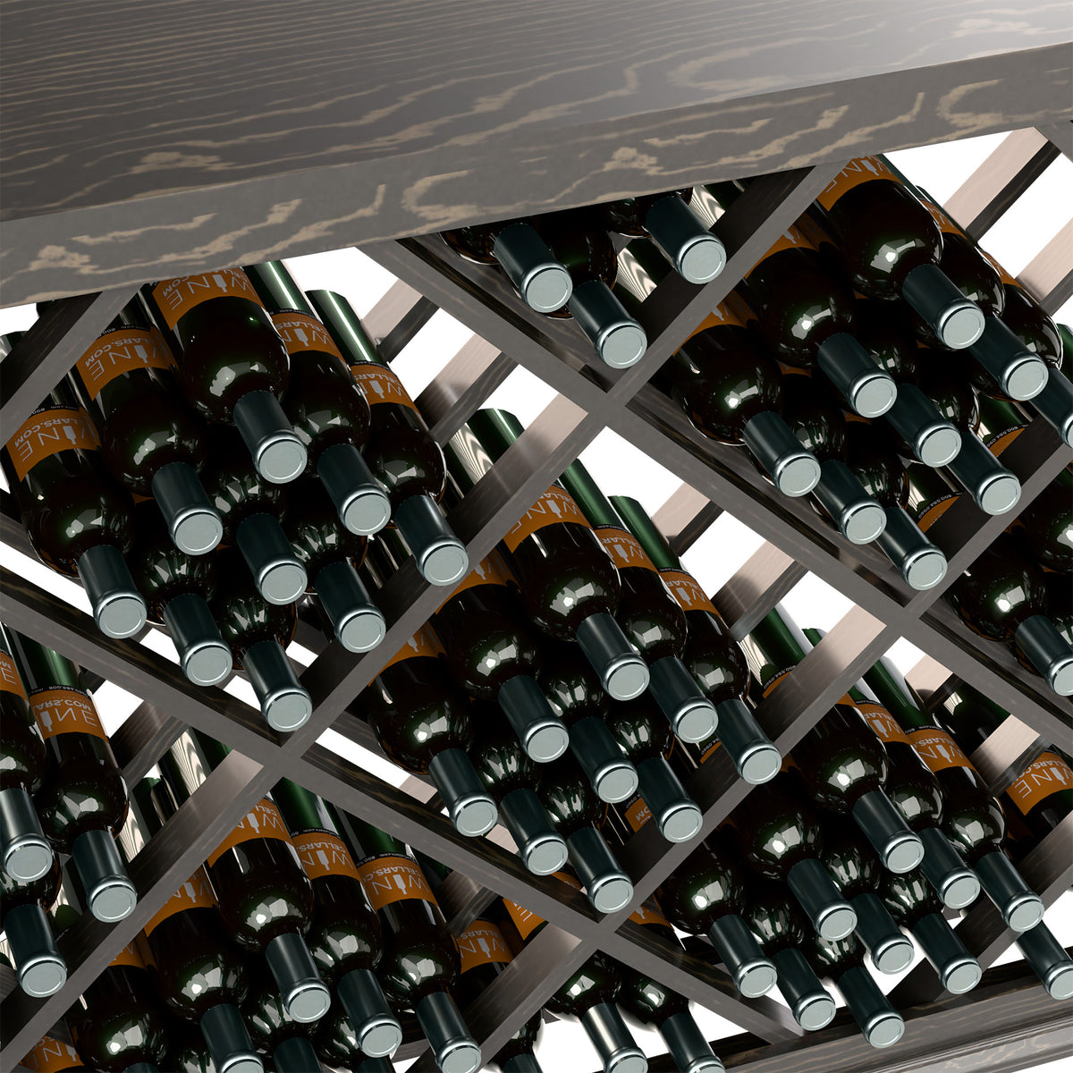 Half-height lattice wine bin close-up of dark grey diamond frame holding wine bottles