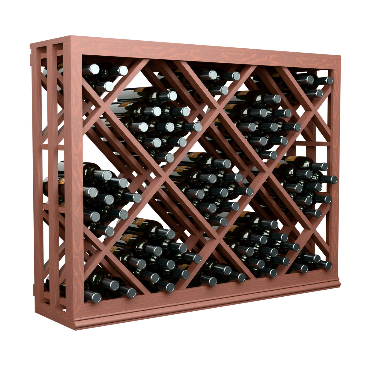 Half-height lattice wine bin in warm reddish wood showing front diamond bottle slots
